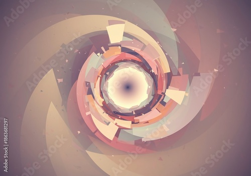 Abstract digital art illustrating a swirling vortex of pastel colors and fragmented geometric shapes, representing a deep subconscious state, quiet, concept, subconscious