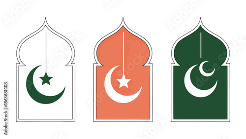 Celestial Harmony: A symbolic illustration showcasing three stylized archways, each embellished with the crescent moon and star, embodying unity.