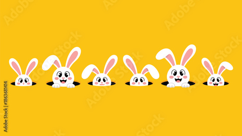 Delightful line of six white cartoon bunnies with pink ears looking out from holes on a cheerful yellow background