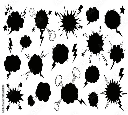 Collection of black comic book speech bubbles explosion bursts and lightning bolts on a white background