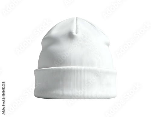 A white knitted beanie with a folded cuff, plain and versatile