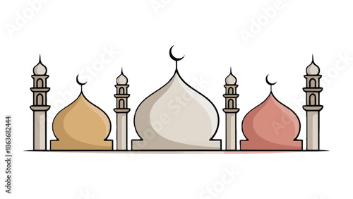Islamic Mosque's Serenity: A symmetrical illustration of a mosque with intricate domes and crescent moons against an unknown background.