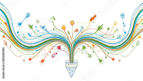 A creative colorful illustration of a plant with multiple stems and leaves growing out of a triangle shaped pot with various shapes with art