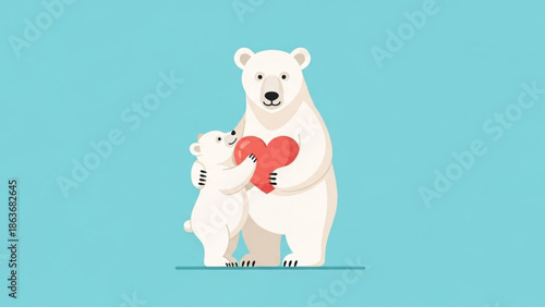 Polar Bear and Cub Hugging Red Heart on Blue Background