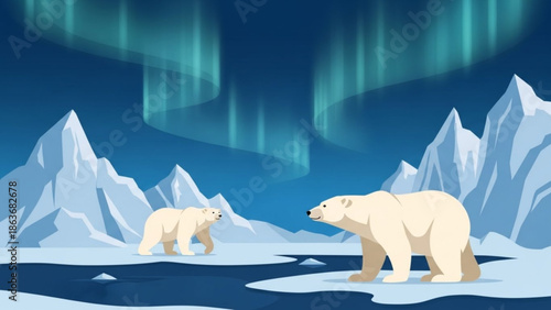 Polar Bears on Iceberg under Aurora Borealis in Arctic Landscape