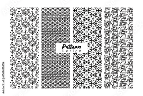 Set of black and white seamless vector patterns featuring vintage geometric diamond ornaments and floral line art textures for monochrome textile wallpaper and decorative tile backgrounds