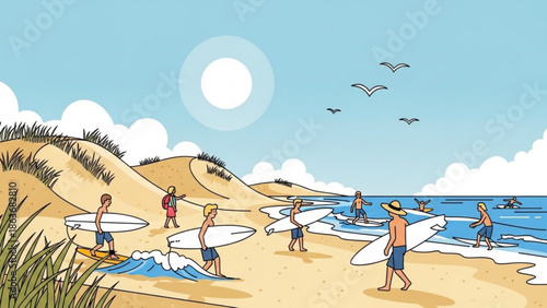 Surfers walking on sandy beach with surfboards under sunny sky and blue ocean waves, group of people enjoying leisure outdoor activity