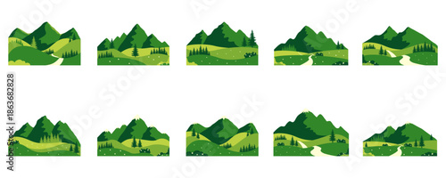 Green Mountain Landscape Illustration Set