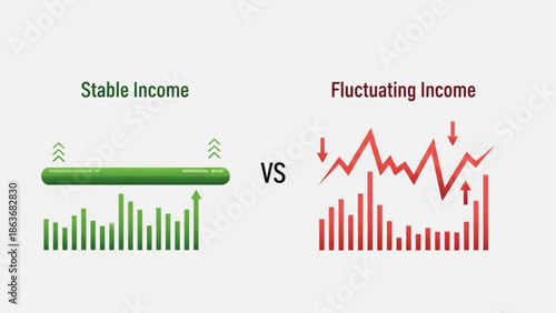 Stable income versus fluctuating income illustrated by green and red graphs on white background for finance and business concepts with chart