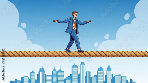 Businessman balancing on rope high above city skyline with arms outstretched in blue suit and orange tie on sunny day with clouds with risk