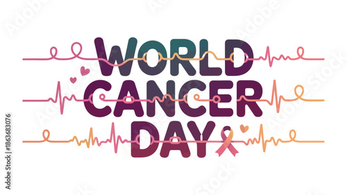 World Cancer Day: Raising Awareness for Support and Hope: A visually captivating design for World Cancer Day, featuring the iconic awareness ribbon and a wave, symbolizing the fight, support.