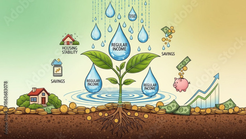 Financial stability concept with a growing plant watered by regular income droplets, representing savings, housing stability, with money