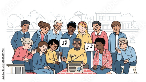 Diverse Group of People Listening to Radio Together in Casual Setting