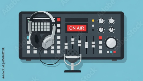 Sound Mixing Console Broadcasting Live On Air with Headphones and Microphone