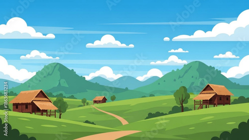 A serene rural landscape with brown wooden houses on green rolling hills and a dirt road leading to mountains under a blue sky with peaceful