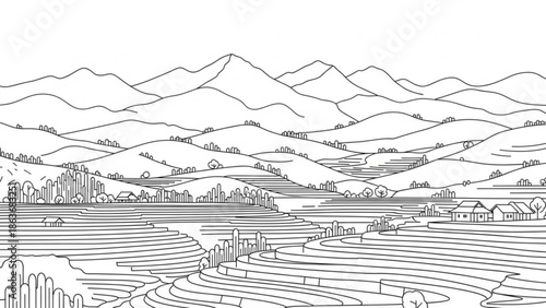 A serene landscape of rolling hills and mountains with terraced fields and small houses in the distance, a peaceful rural scene with nature