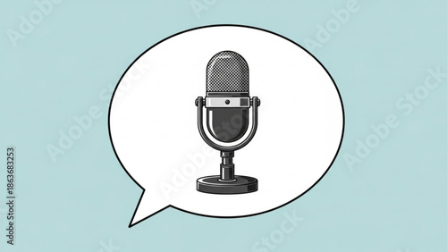 Microphone in Speech Bubble on Blue Background, Podcasting Symbol