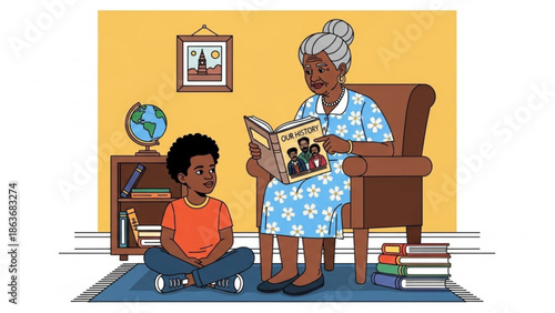 Elderly Woman Reading to Young Boy in Living Room