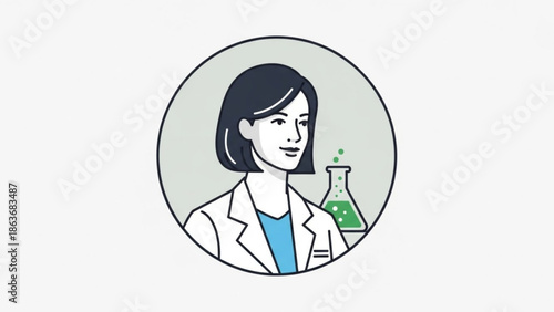 Female Scientist Holding Erlenmeyer Flask with Green Liquid in Laboratory, Cartoon Style