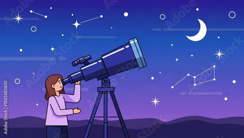 Woman Astronomer Observing Stars through Telescope at Night under Crescent Moon