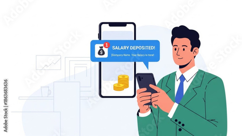 Businessman receiving salary notification on mobile phone with money transfer and coins on screen in office background with finance with alert
