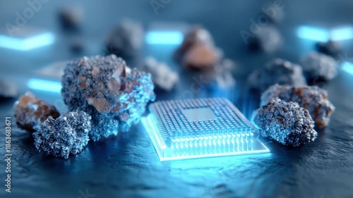 Silicon chip and minerals: A close-up shot showcasing a silicon chip at the center, surrounded by an assortment of raw mineral ores, representing the fusion of natural resources and technology.