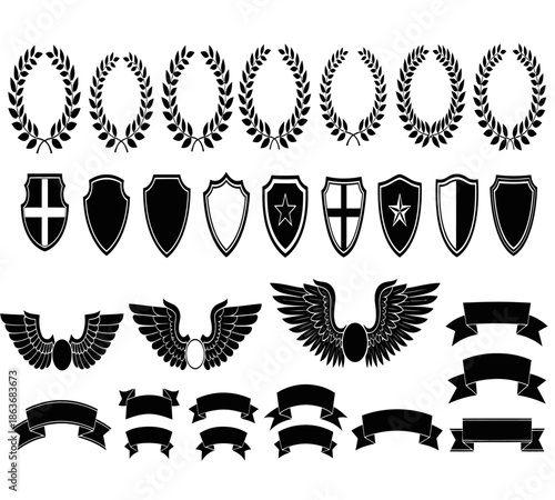 A collection of ornate laurel wreaths shields winged motifs and decorative ribbons in black and white