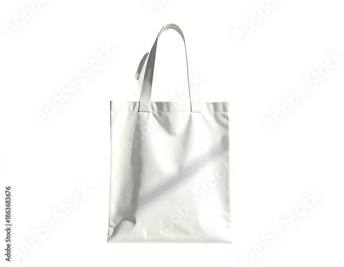 A plain white canvas tote bag with handles, against black