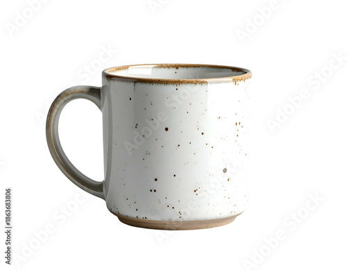 Speckled ceramic mug with earthy rim, isolated on black