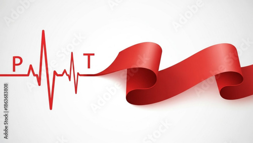 Red Heartbeat Waveform with Ribbon Isolated on White Background