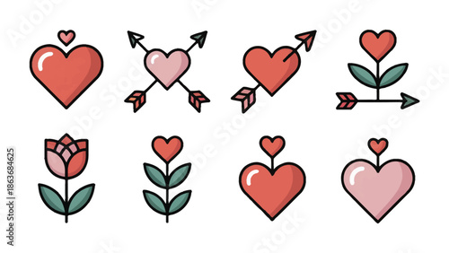 Love's Symbolic Array: A vibrant collection of heart-shaped symbols embodies the essence of love, passion, and affection. Each design element expresses a unique facet of romance and devotion.