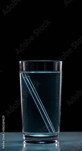 The optical illusion of light bending is visible as a long object is partially immersed in clear water within a transparent glass container, illusion, phenomenon, physics