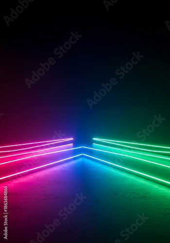 Vibrant neon light streaks creating a dynamic and energetic abstract futuristic background design. Glowing geometric lines on a dark surface, nineties, eighties, technological