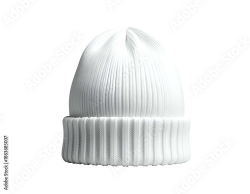 Crisp white ribbed knit beanie, folded brim, against black (1)