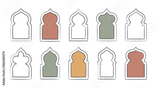 Islamic window arches collection: A diverse collection of gracefully designed Islamic archways, showcasing a variety of colors and intricate outlines, perfect for any project.