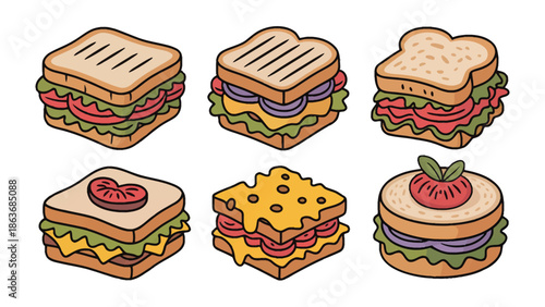 Delicious Sandwiches: A vibrant illustration showcasing six appetizing sandwiches, each meticulously crafted with various fillings and arrangements, offering a visual feast of culinary creativity.