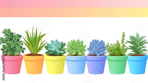 Row of Succulents and Herbs in Colorful Pots on White Background