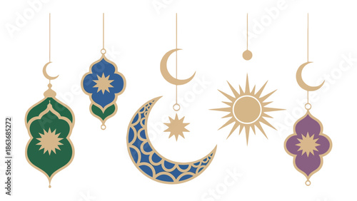 Ornate Celestial Ornaments: Delicate gold-toned hanging ornaments in the form of crescent moons, stars, and suns. Displaying intricate details and evokes a sense of wonder and enchantment. 