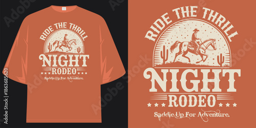 ride the thrill night rodeo saddle up for adventure western cowboy graphic apparel t shirt design vector illustration artwork