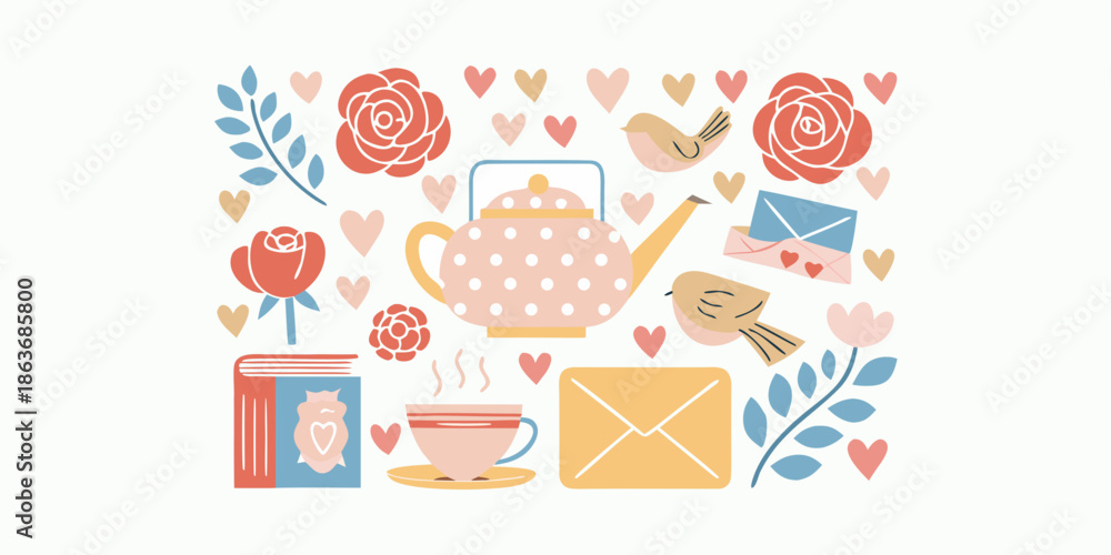 Fototapeta premium A charming floral pattern featuring roses a teapot and sweet love symbols