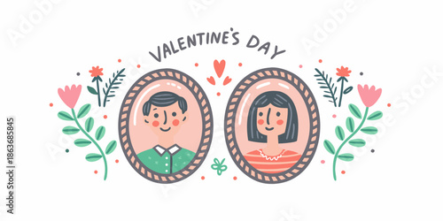 A charming valentine s day illustration featuring portrait frames of a couple