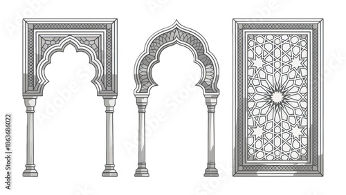 Ornate architectural elements in the Arabian style: three distinct frames showcasing intricate designs and patterns commonly found in Arabian architecture, perfect for design needs.