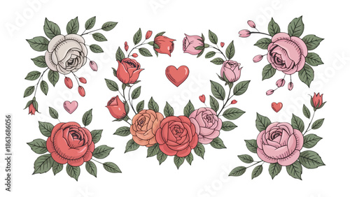 Rose Garden Romance: A romantic ensemble of intricately drawn roses and heart shape, an exquisite illustration that speaks of love and beauty. 