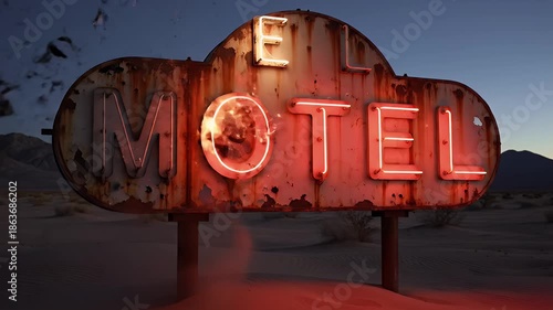 Desert Motel Sign Animation Sequence: Old Neon Sign Transitioning Through Time and Weather