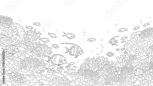 Underwater coral reef scene with fish in detailed line art style