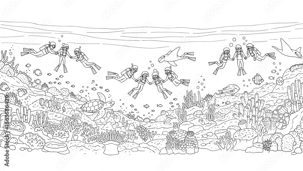Fototapeta premium Diverse marine life with scuba divers in detailed underwater scene