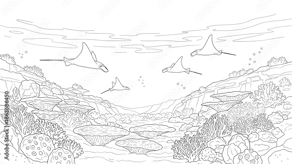 Fototapeta premium Underwater ocean scene with manta rays and coral reefs in linear art style