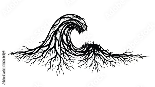 Nature's force: a wave formed by intricate tree roots symbolizes the power and interconnectedness of the natural world.