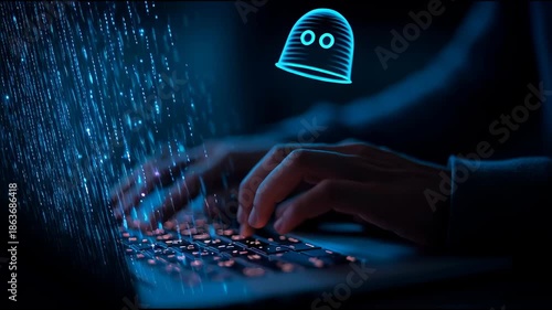 The image shows a person typing on a laptop, with a holographic cybersecurity icon floating above it. The theme is data protection.