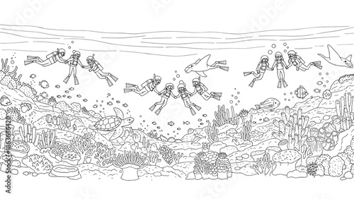 Diverse marine life with scuba divers in detailed underwater scene